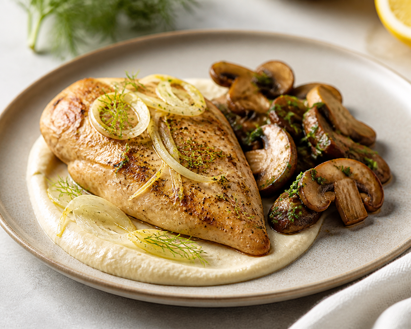 Fennel-Lemon Chicken with Light Roasted Cauliflower Cream and Parsley Mushrooms