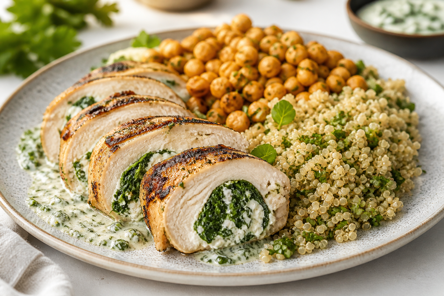 Rollitos de Pollo al Chimichurri de Yogur con Quinoa de Hierbas y Judías Blancas Crujientes