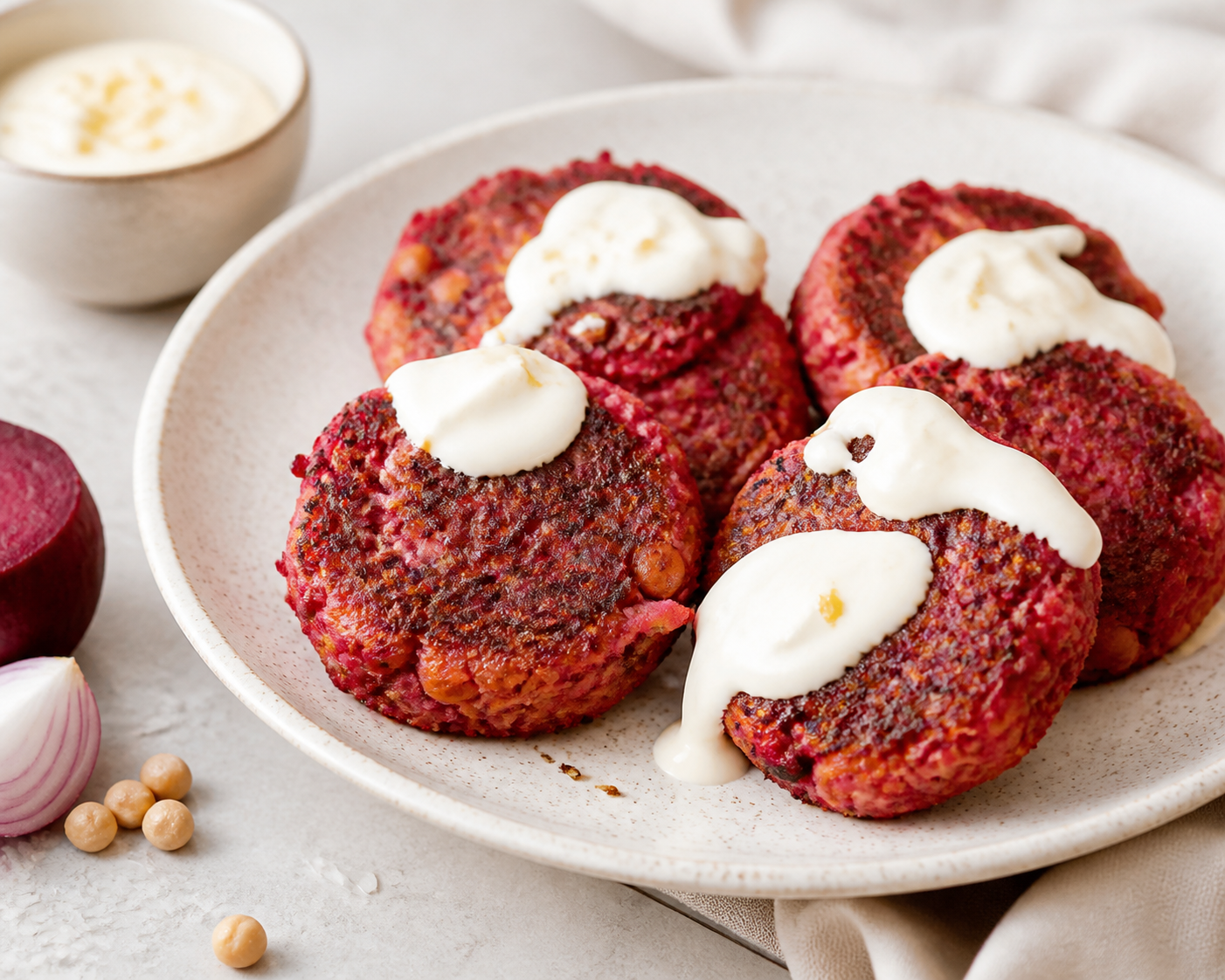Budget Rice, Beet and Chickpea Patties with Warm Garlic Lemon Cream