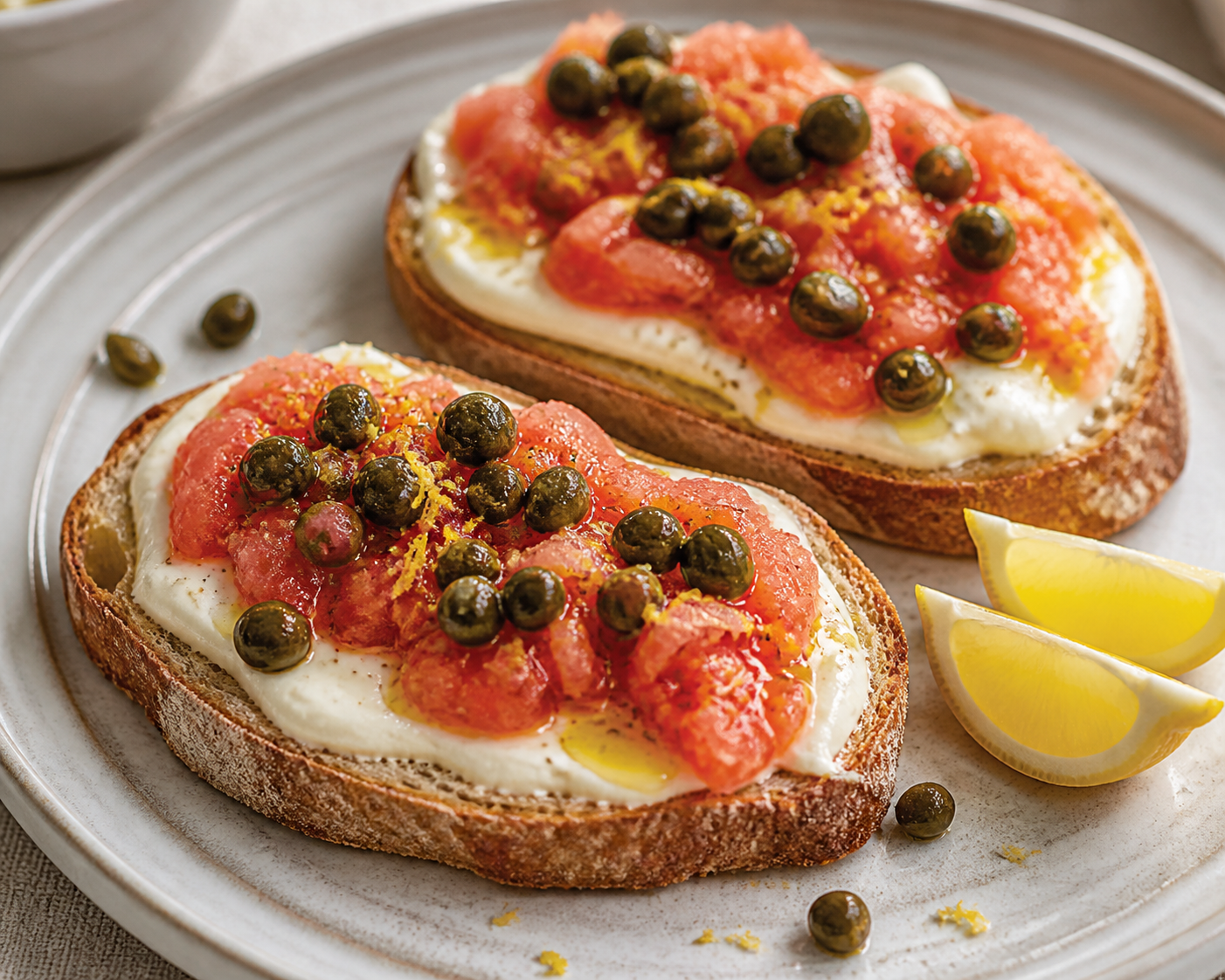 Tostadas exprés de labneh con tomate rallado, alcaparras crujientes y limón