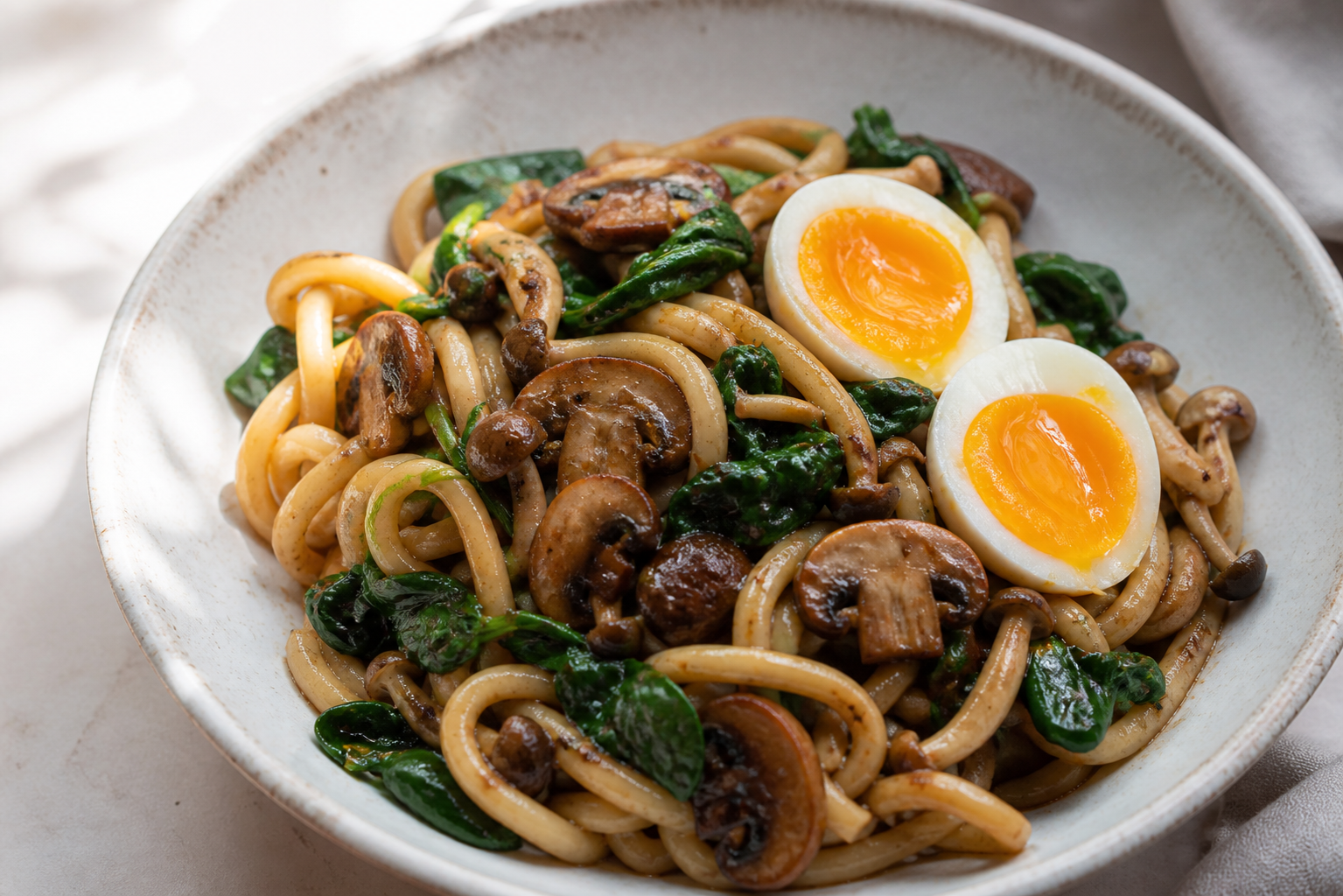 Udon salteado exprés con setas miso, espinaca y huevo jammy