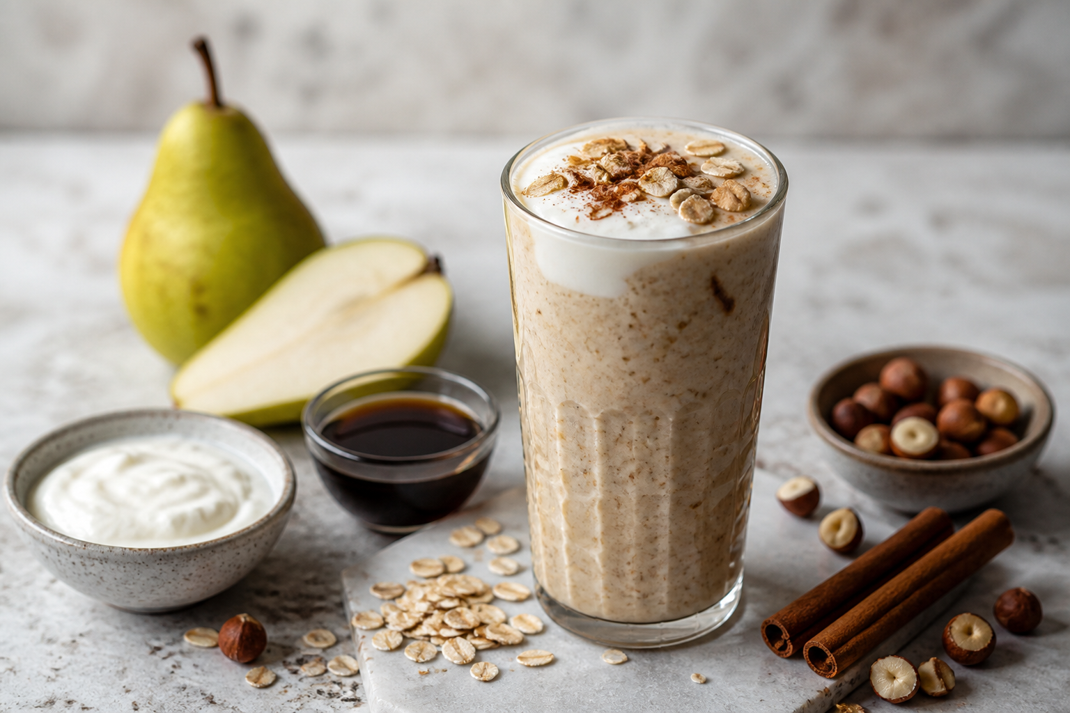 Pear, Oat and Hazelnut Cream Smoothie with Cold Coffee and Cinnamon
