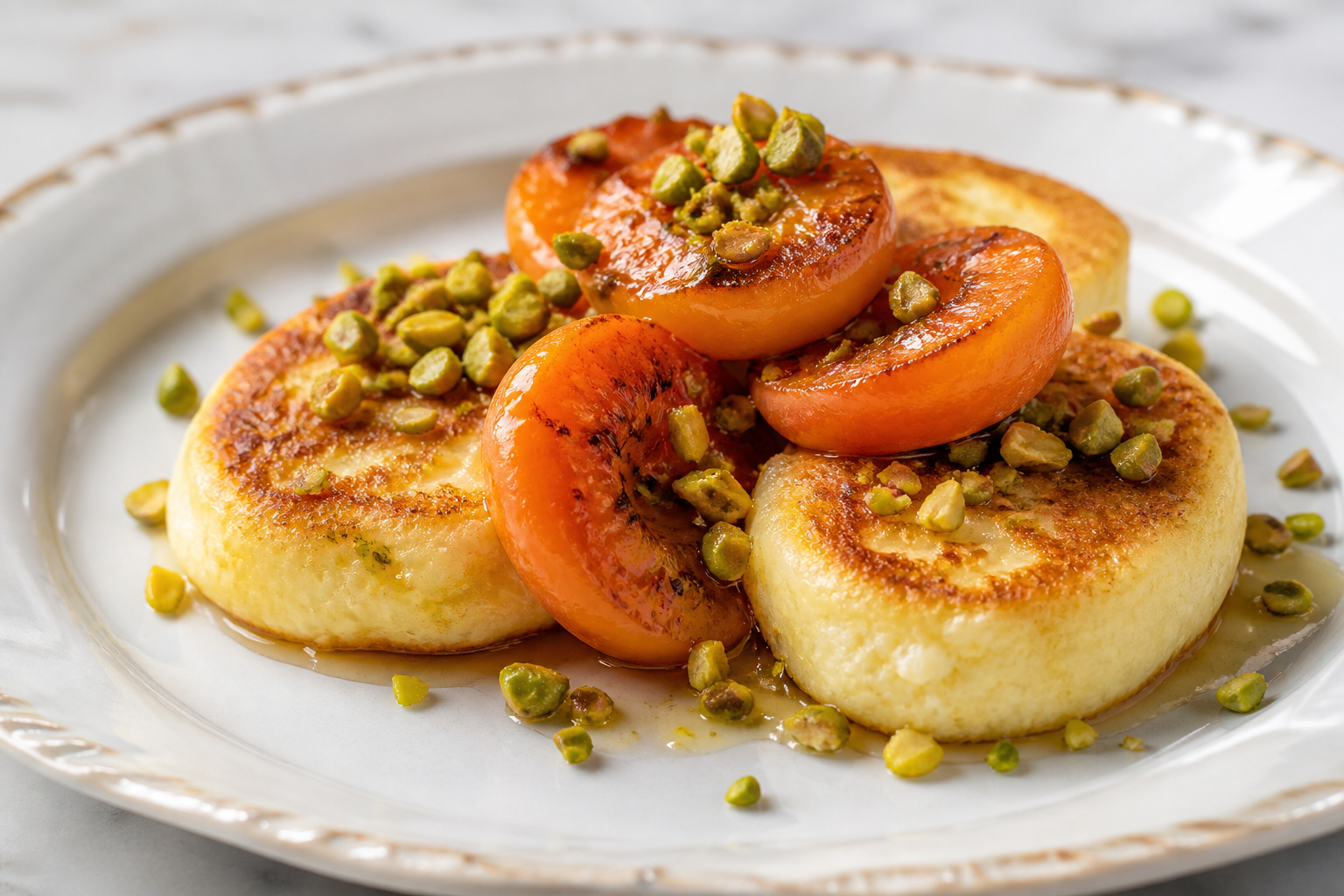 Warm Orange Blossom Ricotta Cakes with Griddled Apricots and Crunchy Pistachios