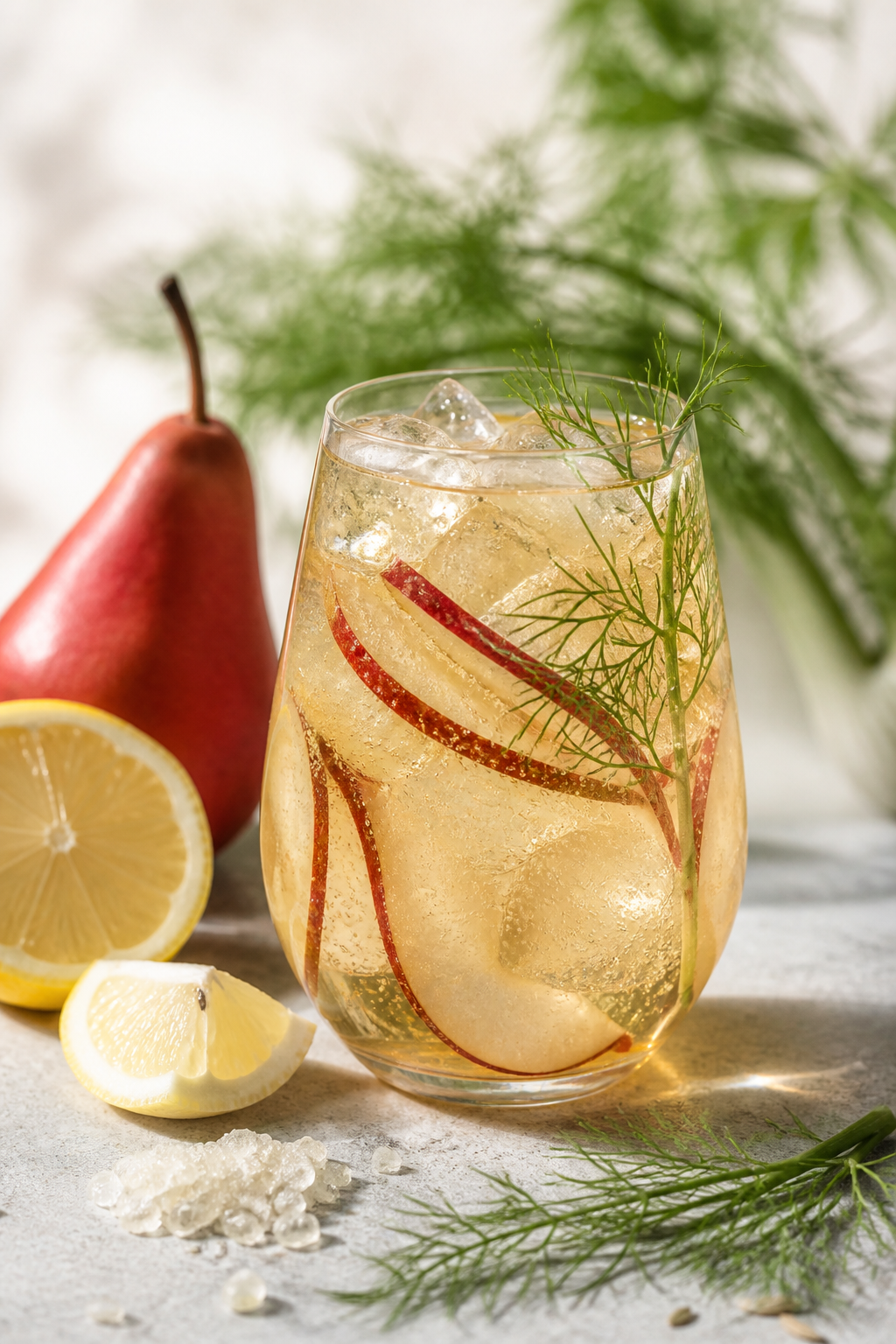 Iced Red Pear, Yellow Lemon, and Jasmine Tea Soda with Fresh Fennel