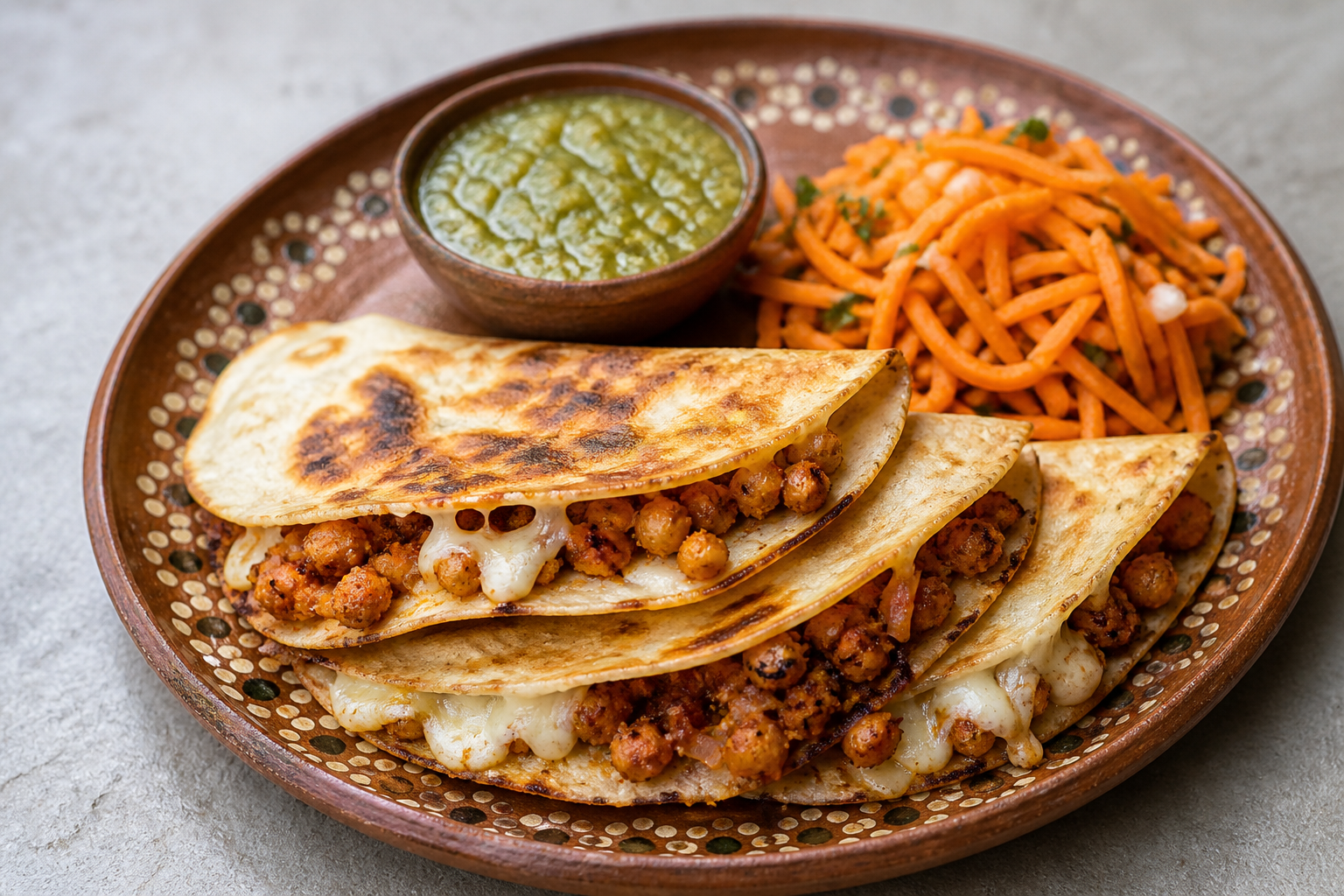 Quesadillas de chilorio de garbanzo con queso Oaxaca, salsa de tomate verde tatemado y ensalada de zanahoria con lima