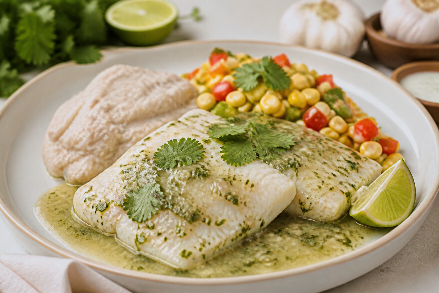 Pescado al mojo de coco y cilantro con puré de malanga y ensalada tibia de maíz y pimiento