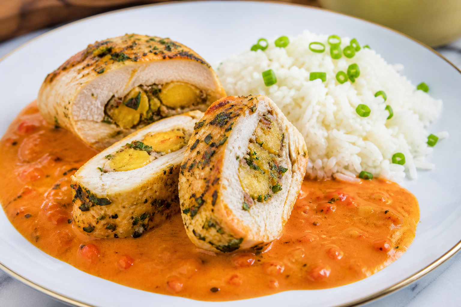 Pechuga de Pollo Caribeña Rellena de Plátano Maduro y Hierbas con Salsa Suave de Pimiento Asado y Arroz de Coco con Cebolla Verde