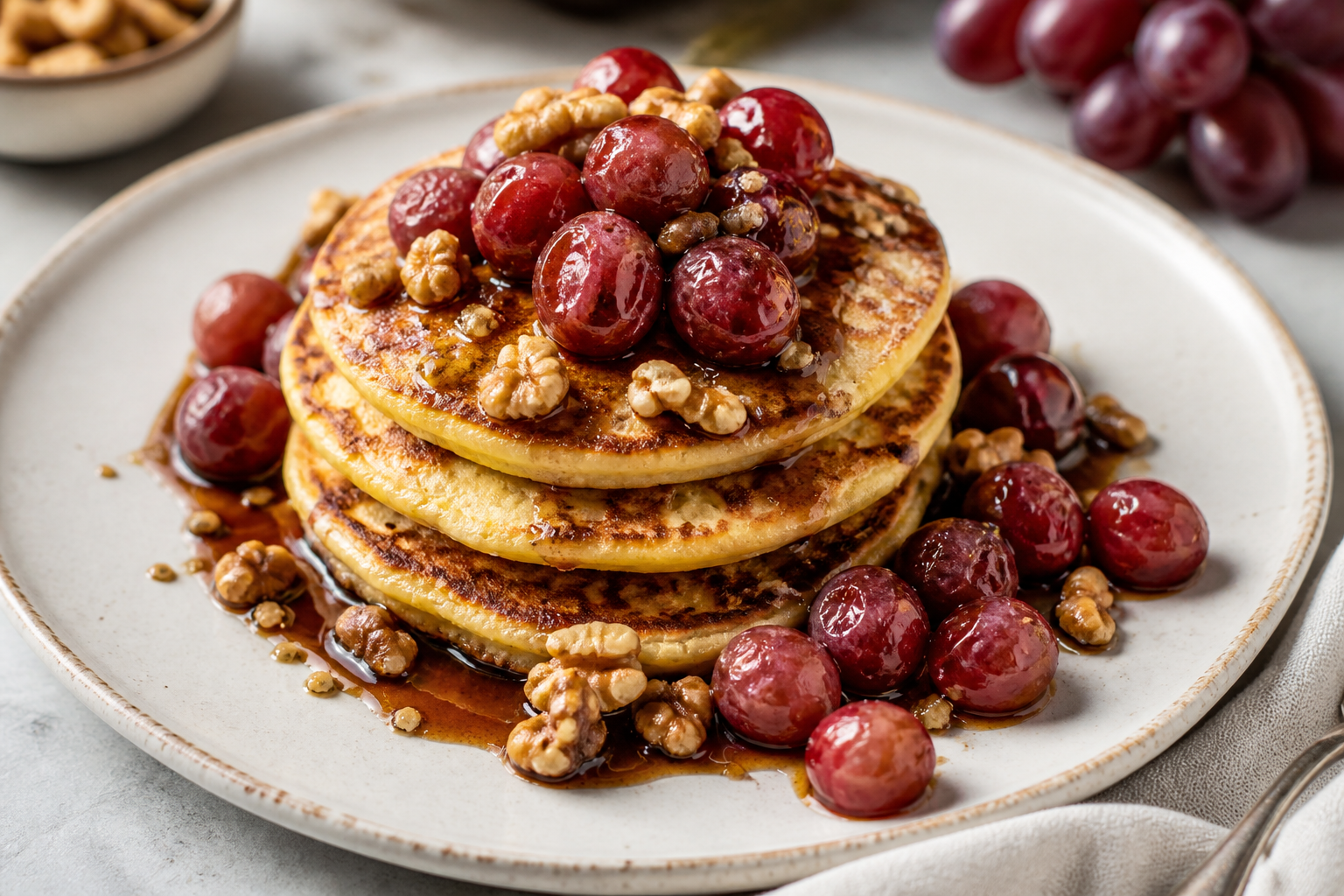 Polenta Yogurt Pancakes with Mild Balsamic Roasted Grapes and Toasted Walnut