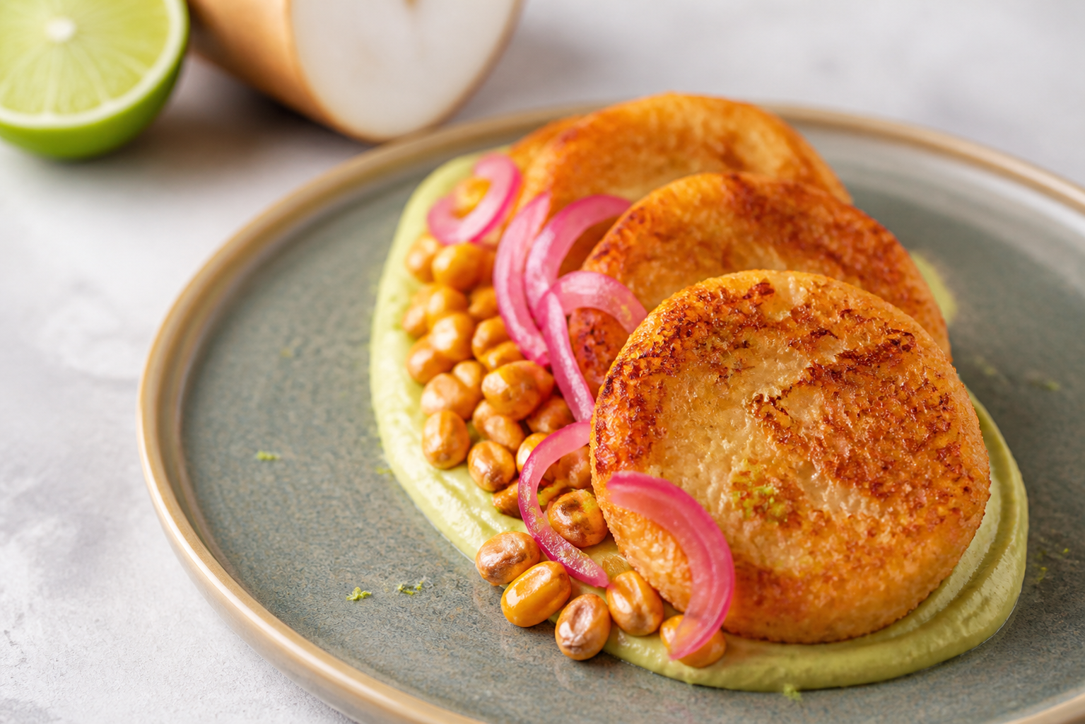Tortitas crujientes de yuca y lima con crema de aguacate, maíz tostado y cebolla morada encurtida
