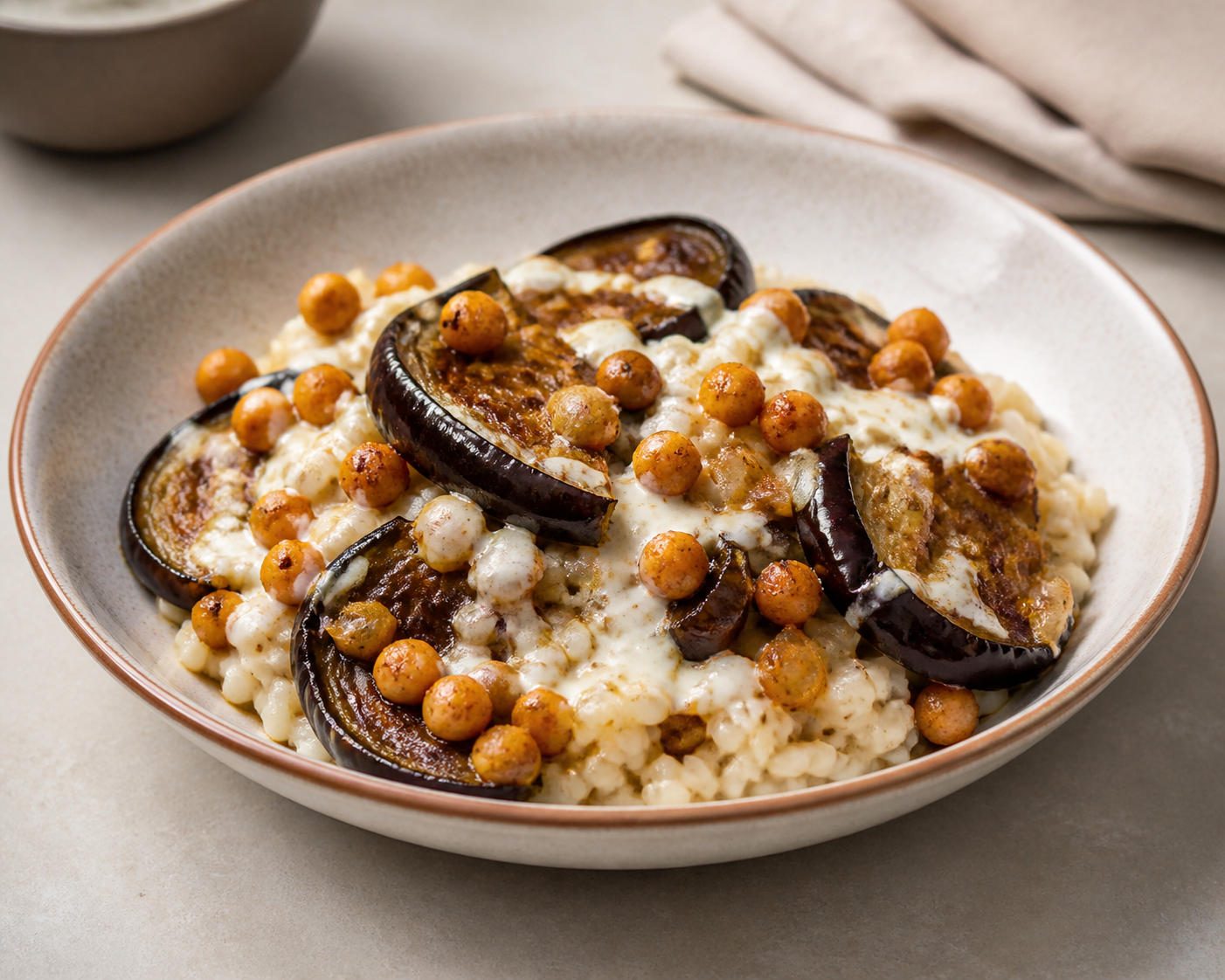 Arroz meloso de berenjena ahumada, garbanzos crujientes y crema ligera de yogur con comino y lima