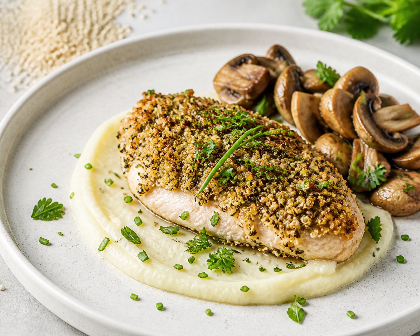 Baked Chicken with Quinoa Herb Crust, Lemon Kohlrabi Purée, and Garlic Sautéed Mushrooms