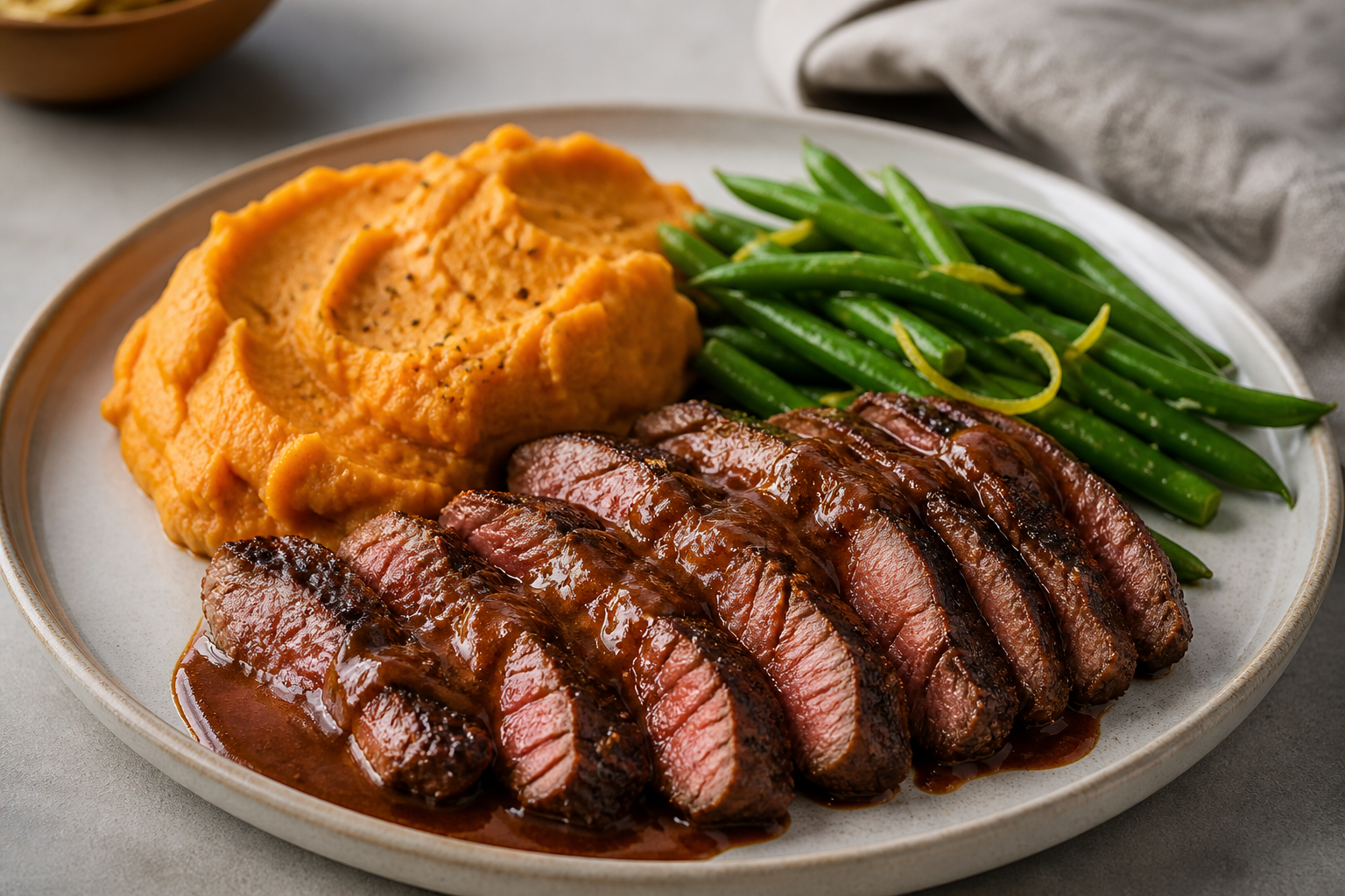 Skirt Steak with Morita Chile-Cocoa Sauce, Cumin Sweet Potato Mash and Lemon Green Beans