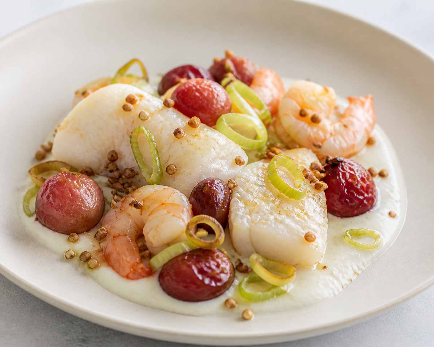Skillet cod and shrimp with light celeriac cream, roasted grapes, and toasted buckwheat