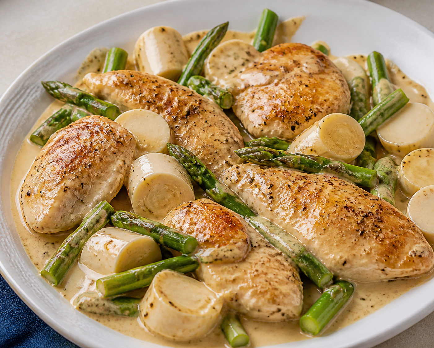 Sartén Keto de Pollo en Crema de Jerez, Espárragos y Corazones de Palmito
