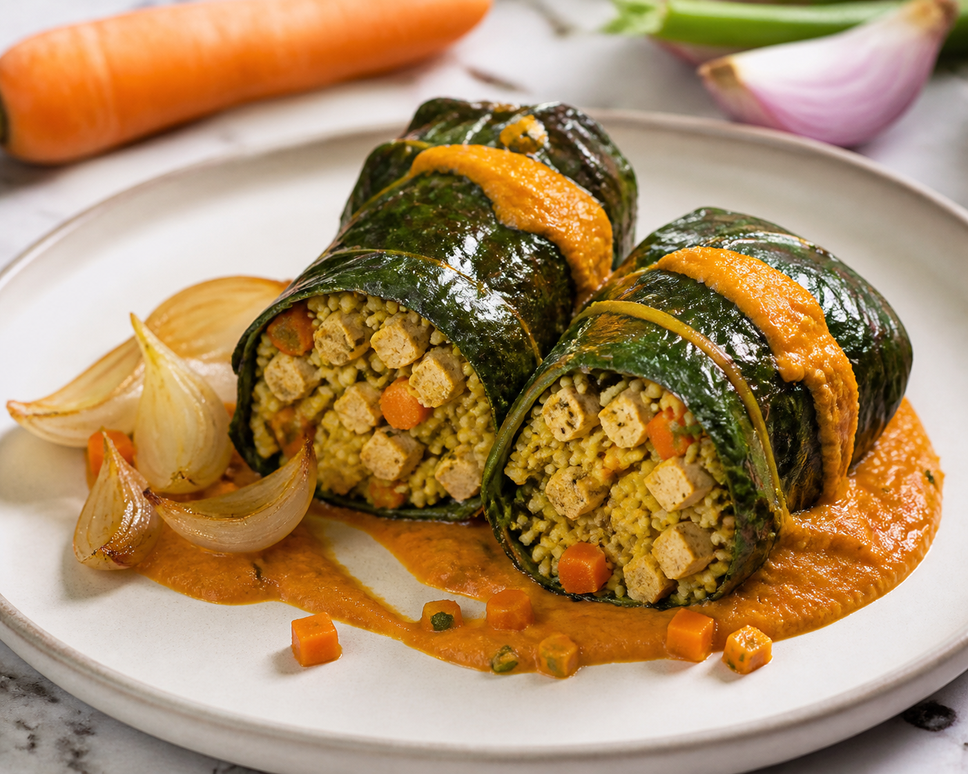 Baked Swiss Chard Rolls with Lemon Millet, Smoked Tofu, and Roasted Carrot Cumin Cream