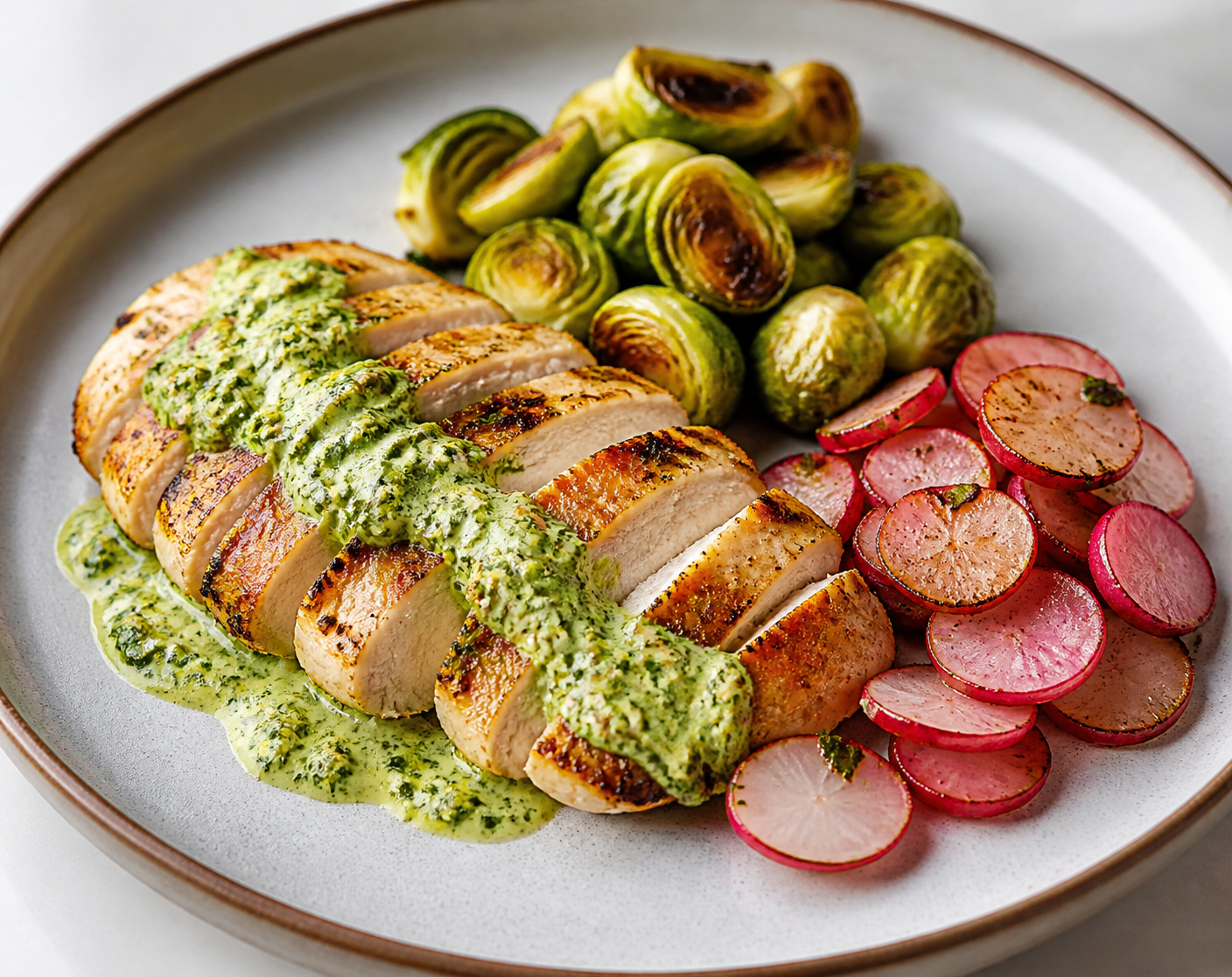 Pollo al chimichurri cremoso de aguacate con coles de Bruselas tostadas y rábanos salteados