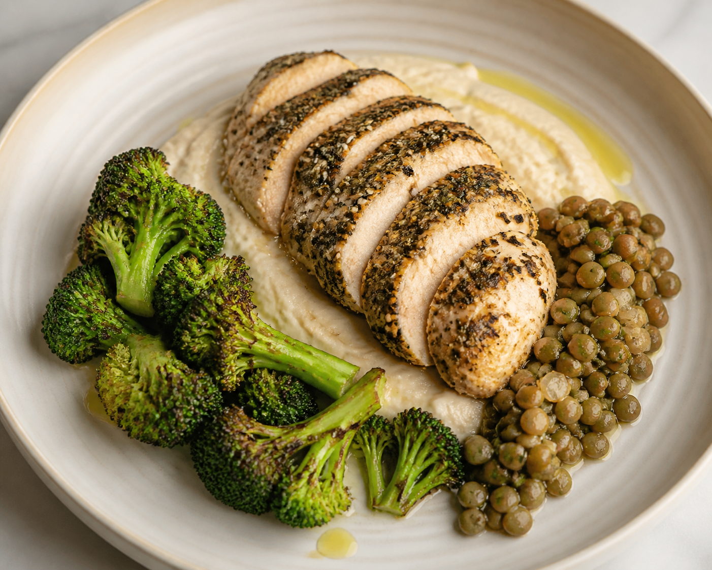 Pechuga de pollo al zaatar con crema de coliflor y tahini, brócoli asado y lentejas al limón