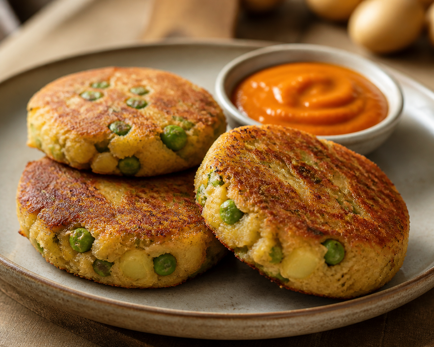 Tortitas Económicas de Papa, Chícharos y Pan Tostado con Salsa Cálida de Cebolla y Pimentón