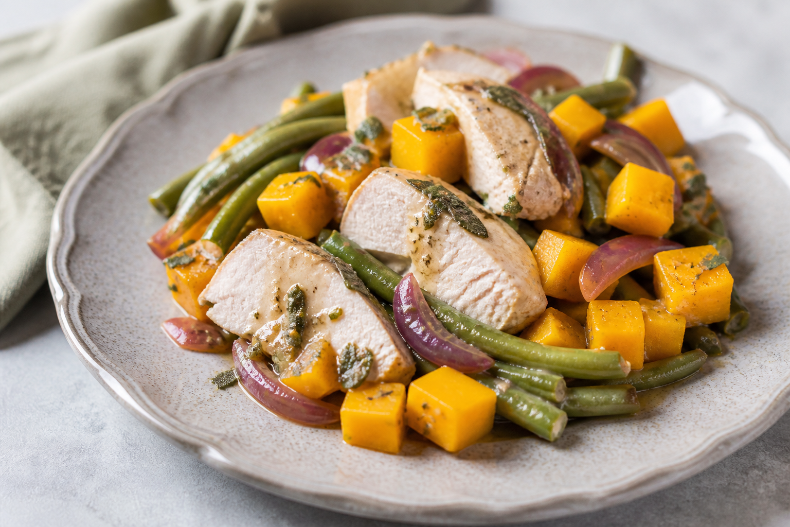 Pavo en slow cooker con calabaza delicata, judías verdes y salsa suave de arce, salvia y mostaza