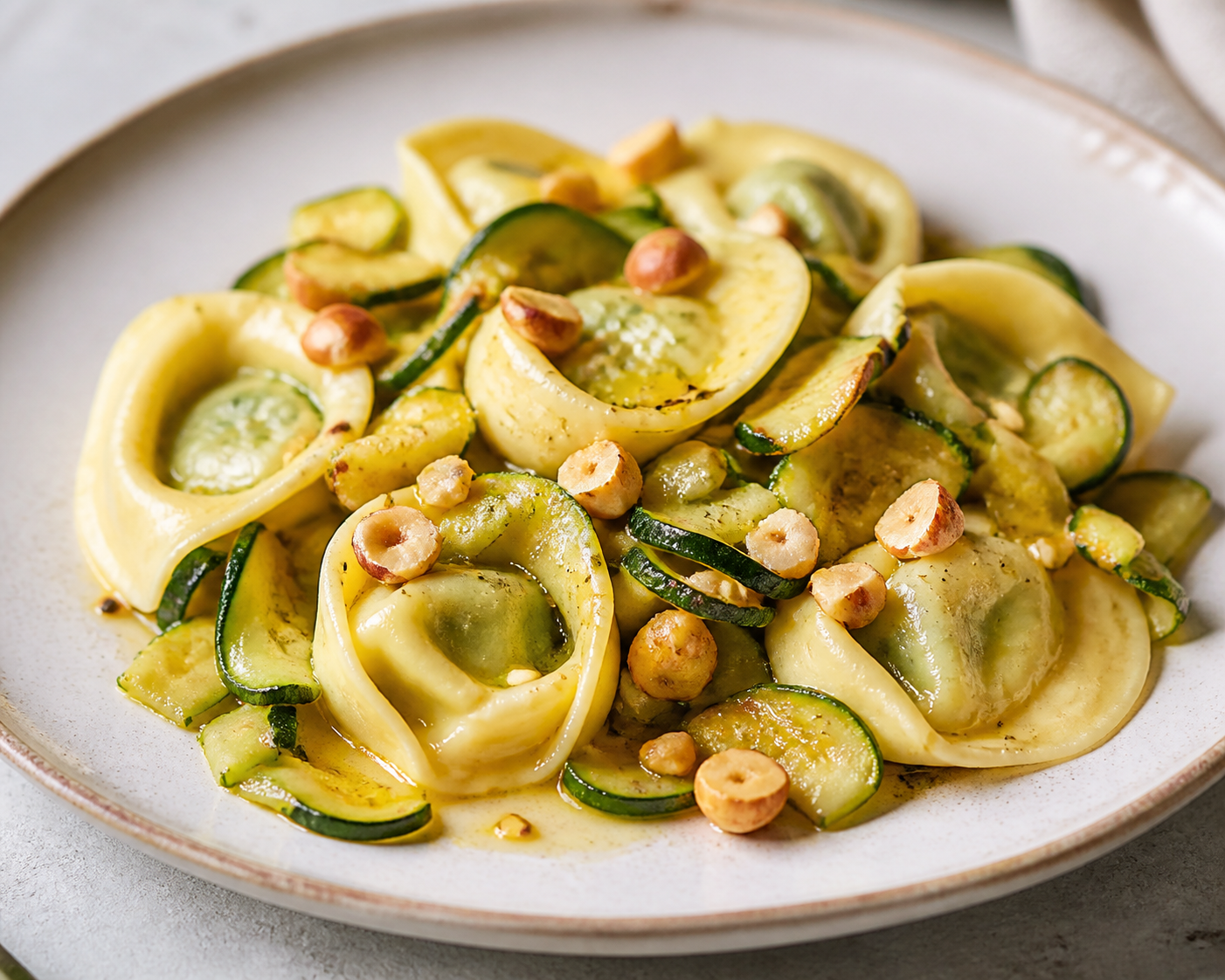 Express Ricotta Tortelloni with Lemon Butter, Crisp Zucchini and Hazelnuts