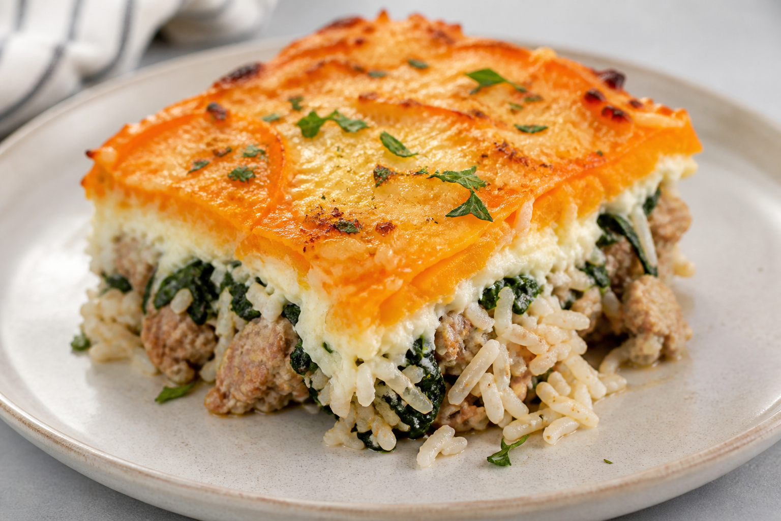 Family Creamy Rice Bake with Turkey Meatballs, Spinach, and Parmesan Sweet Potato Topping