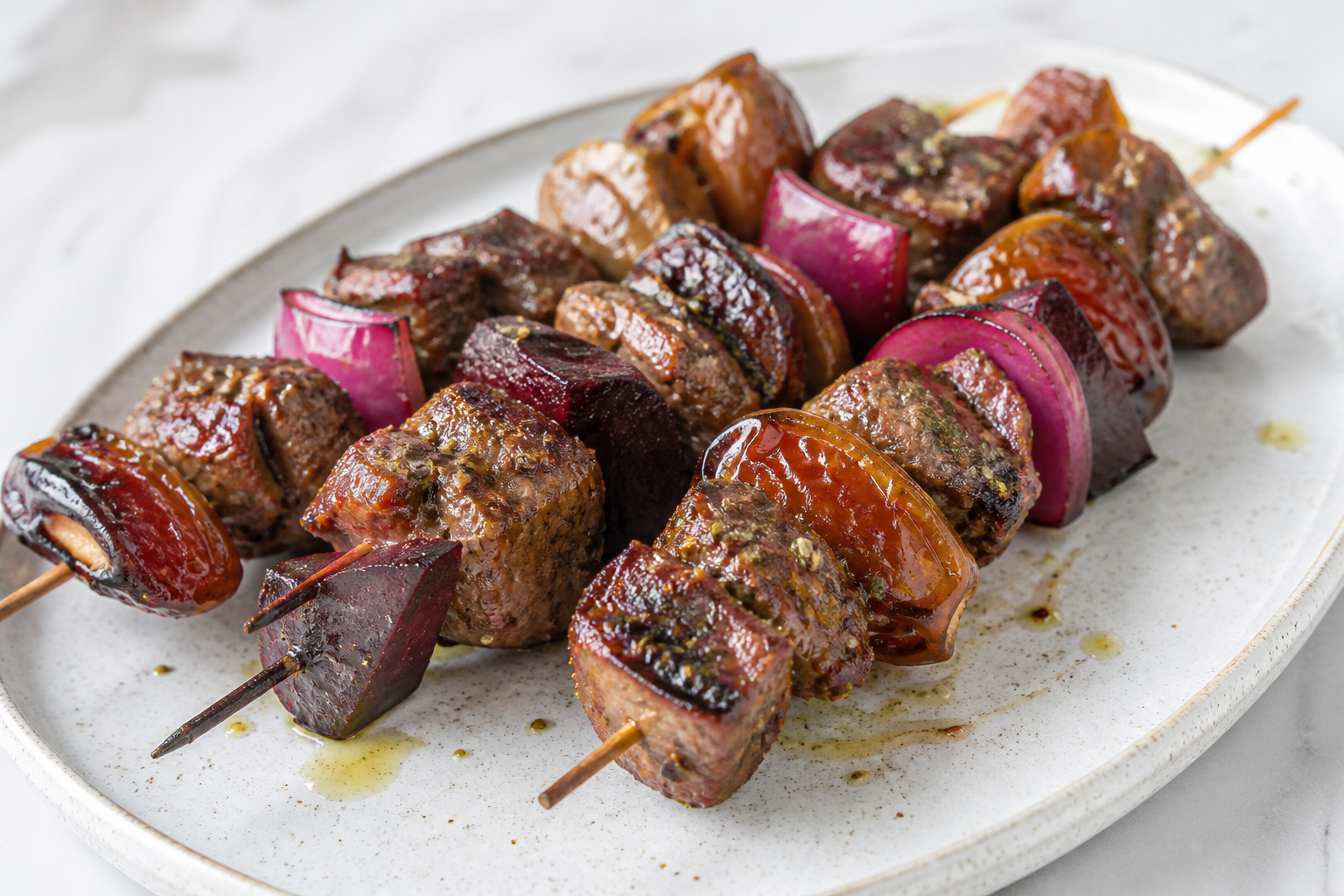 Grilled Lamb Skewers with Beet, Dates, and Tahini Lemon Zaatar Marinade