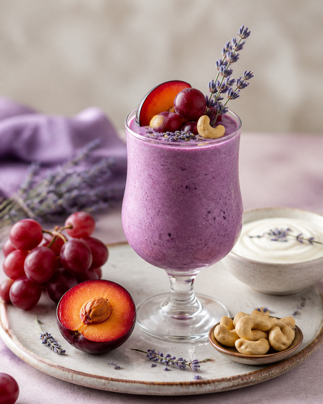 Violet Breeze Smoothie with Red Grapes, Plum, Yogurt, Lavender and Cashew