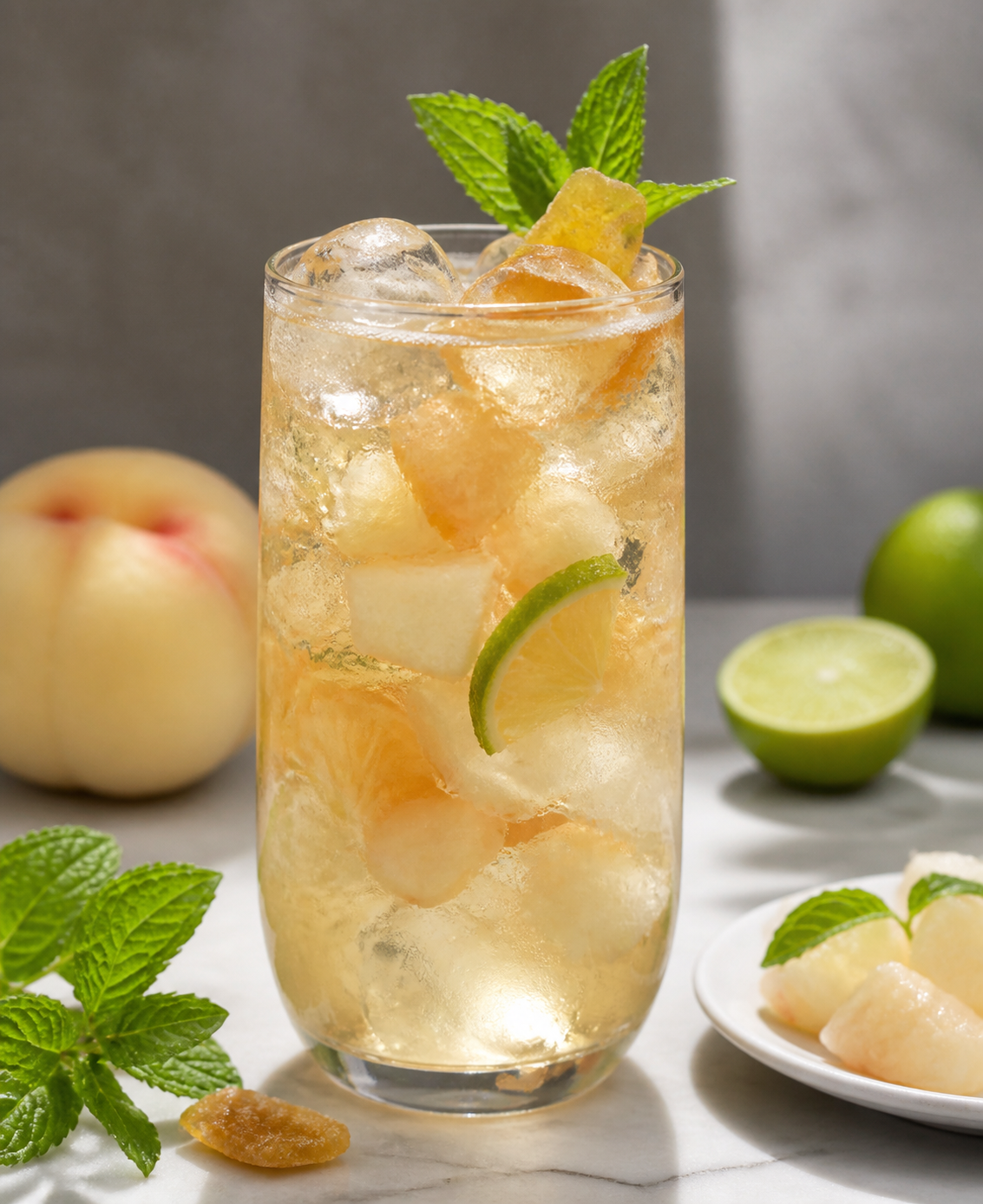 Soda helada de durazno blanco, lima y té oolong con menta y jengibre cristalizado