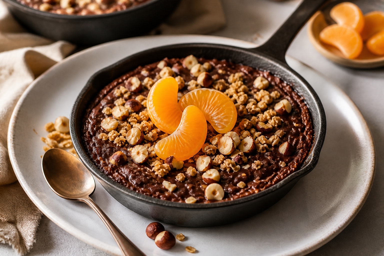 Cazuelitas tibias de chocolate, avellana y mandarina con costra crujiente de avena