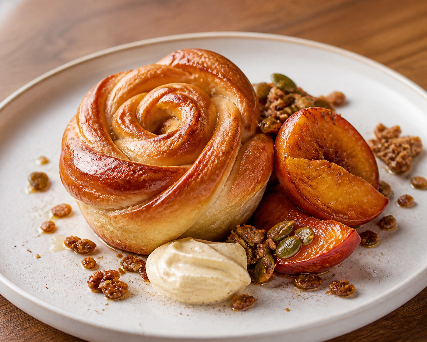 Bakery Rosette with Salted Vanilla Butter, Roasted Peach and Pumpkin Seed Praline