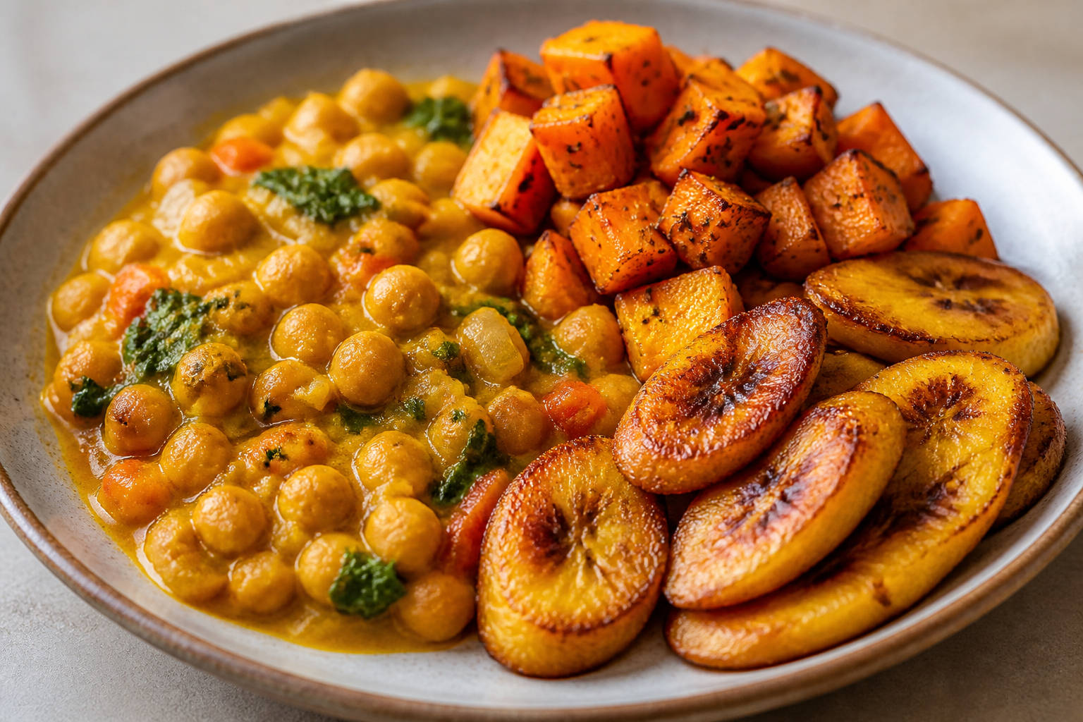 Cazuela Caribeña de Garbanzos con Coco, Calabaza Asada y Plátano Crujiente