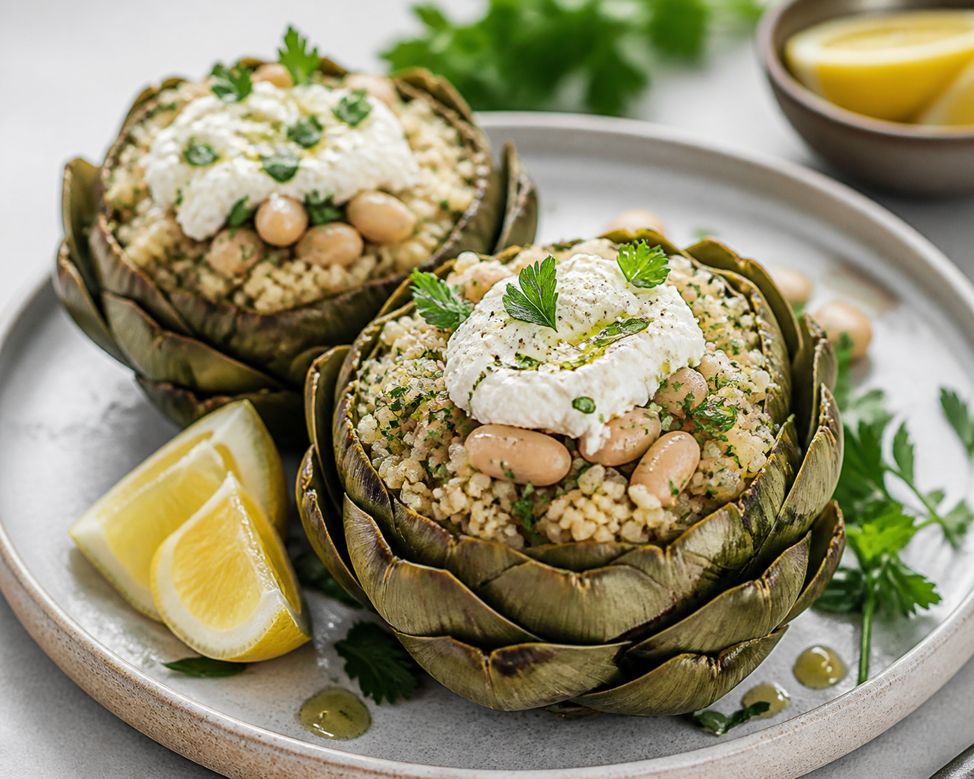 Alcachofas Mediterráneas Rellenas de Cuscús de Hierbas, Alubias Blancas y Ricotta al Limón