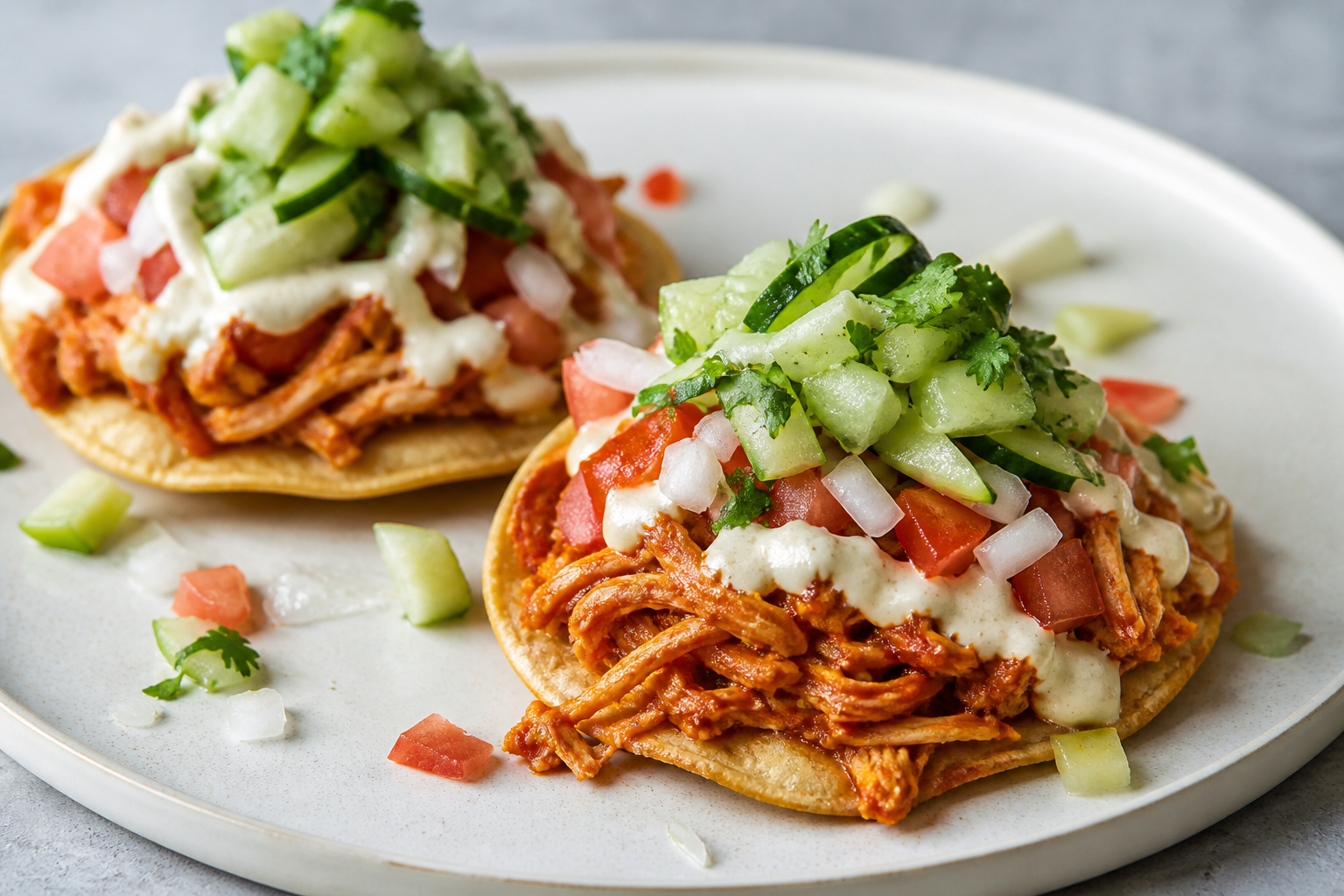 Tostadas de tinga de pavo al chile ancho con crema de elote asado y ensalada de chayote, pepino y cilantro