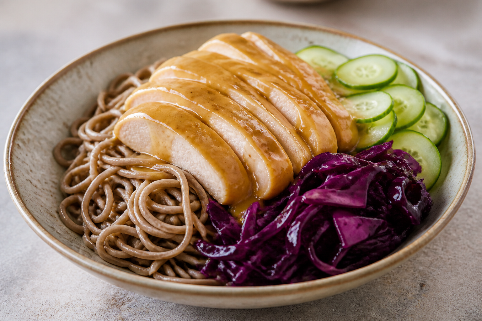 Soba Noodles with Peanut Miso Chicken, Stir-Fried Red Cabbage and Lime Cucumber