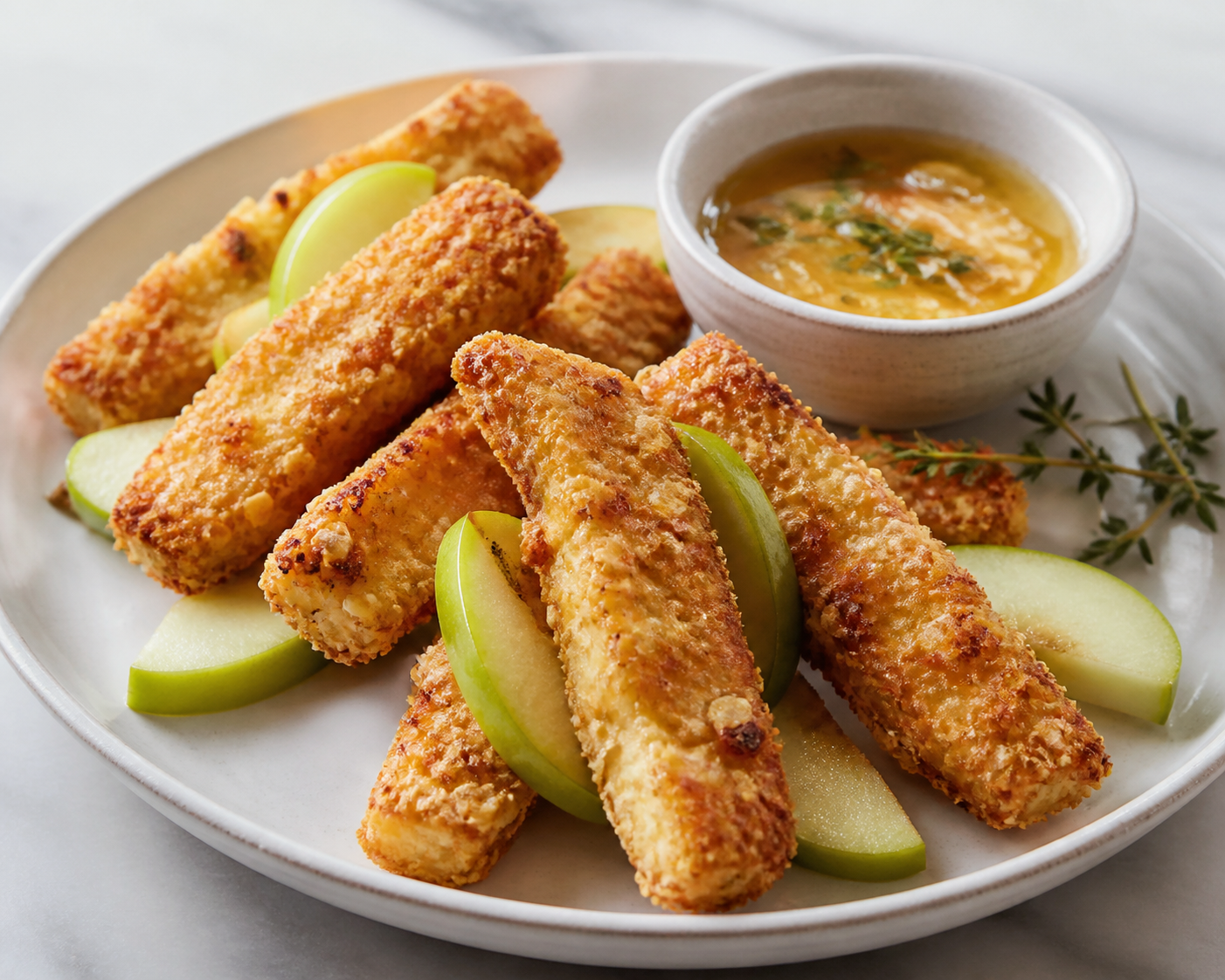 Tiritas crujientes de halloumi, manzana verde y avena con dip tibio de miel, limón y tomillo