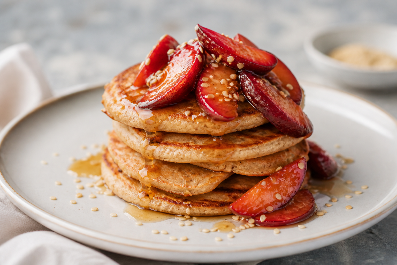 Tortitas de avena y tahini con ciruelas salteadas al arce y sésamo crujiente
