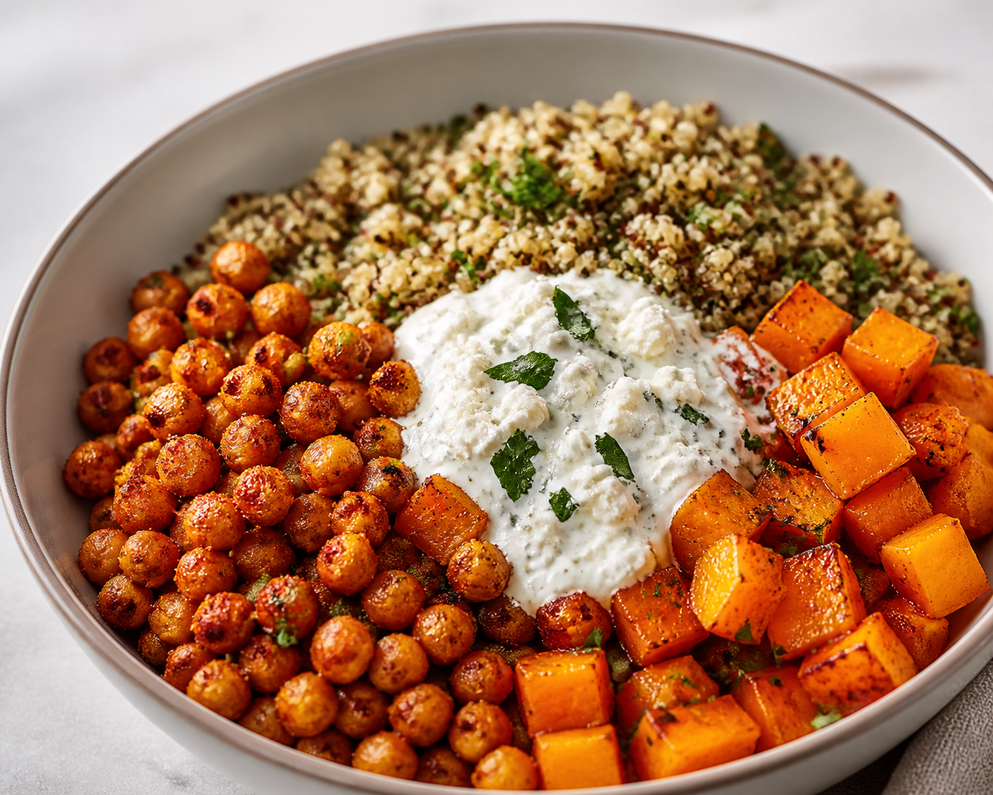 Warm bowl of crispy paprika-lemon chickpeas with herbed quinoa, roasted squash, and yogurt-feta sauce