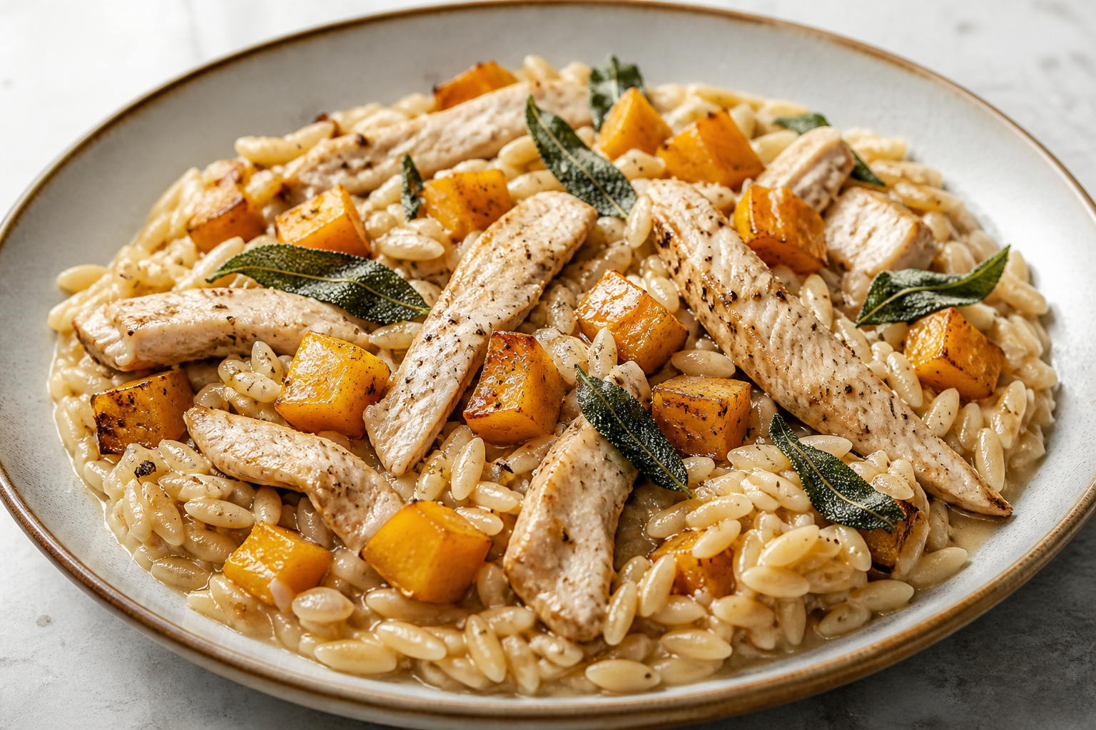 Cazuela de orzo cremoso con pavo al limón, calabaza asada y salvia crujiente