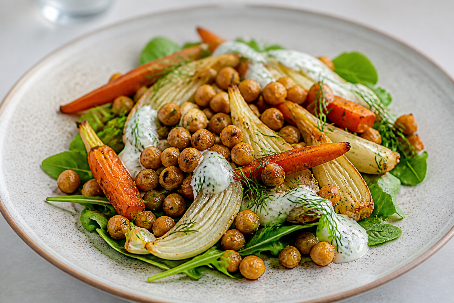 Warm Crispy Chickpea Salad with Roasted Fennel, Glazed Carrots, and Lemon Dill Yogurt