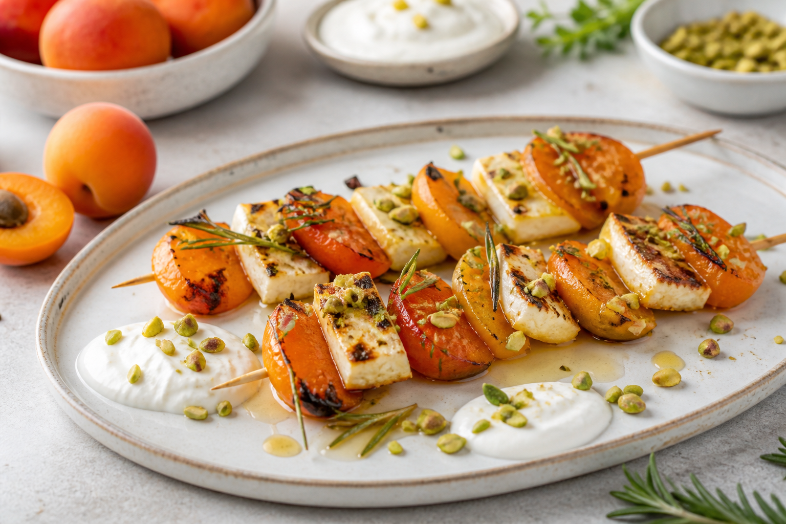 Warm Roasted Apricot and Halloumi Skewers with Rosemary Glaze, Lemon Yogurt, and Crunchy Pistachio