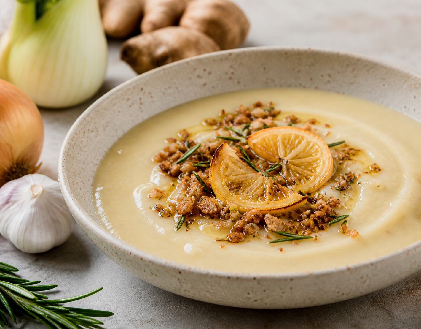 Creamy Jerusalem Artichoke, Fennel and White Bean Soup with Roasted Lemon and Crispy Rosemary Crumbs