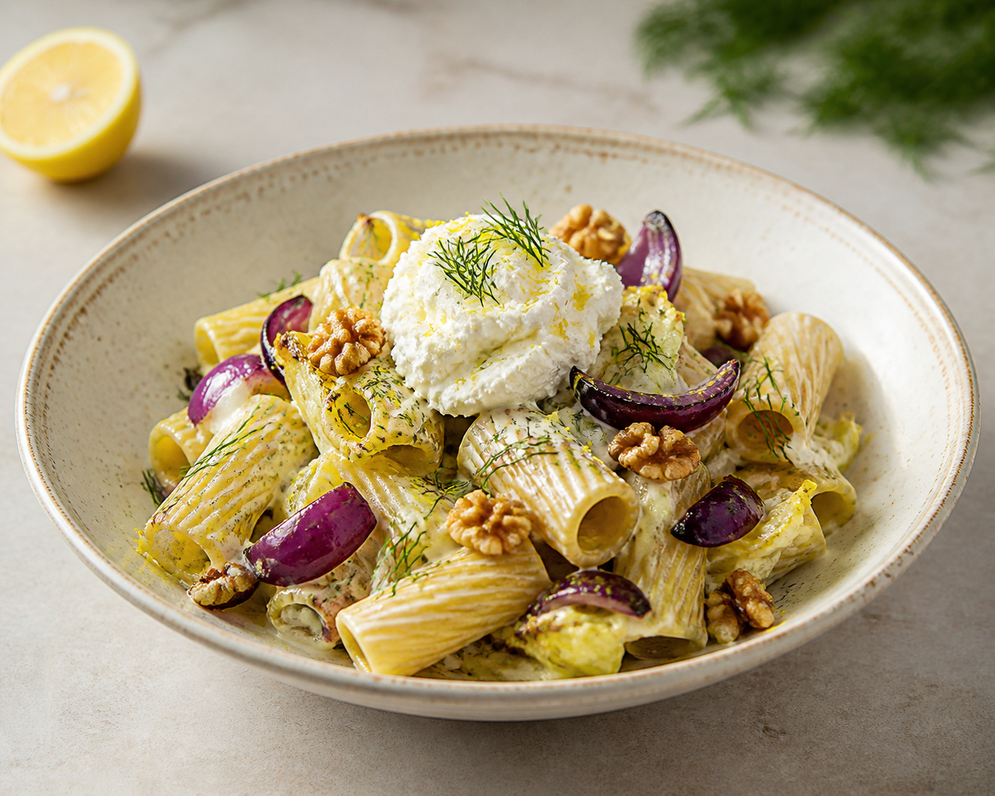 Creamy Rigatoni with Roasted Cabbage, Red Onion and Whipped Feta with Lemon, Dill and Walnut