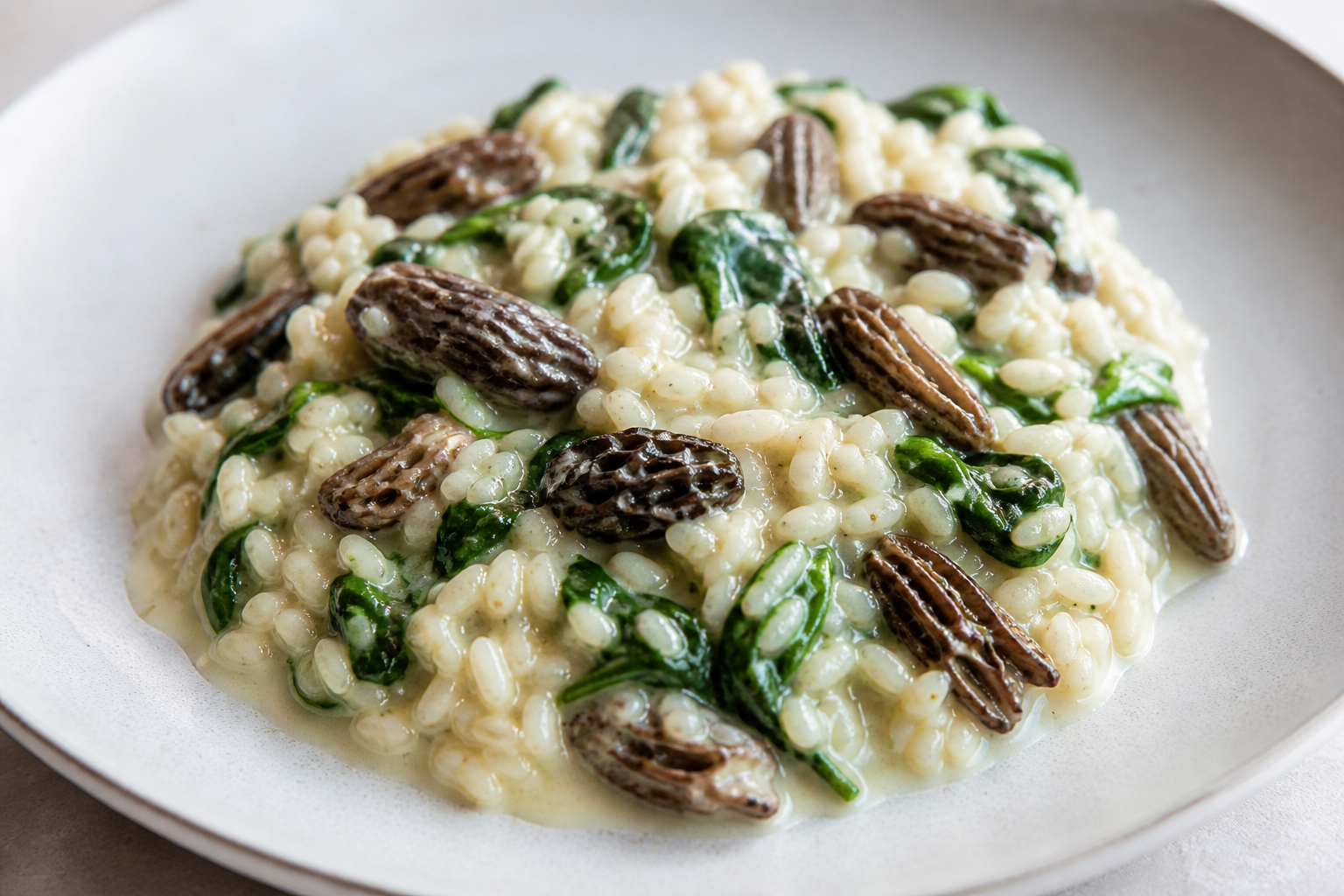 Arroz meloso de colmenillas secas, espinaca baby y crema ligera de pecorino con limón
