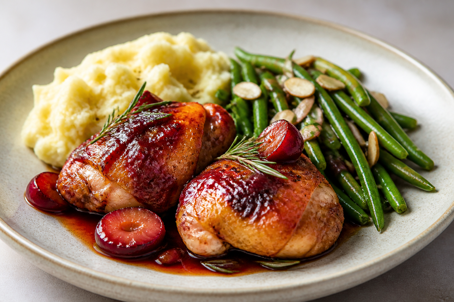 Baked Chicken with Plum-Rosemary Glaze, Rustic Parsnip Mash and Warm Green Bean Salad