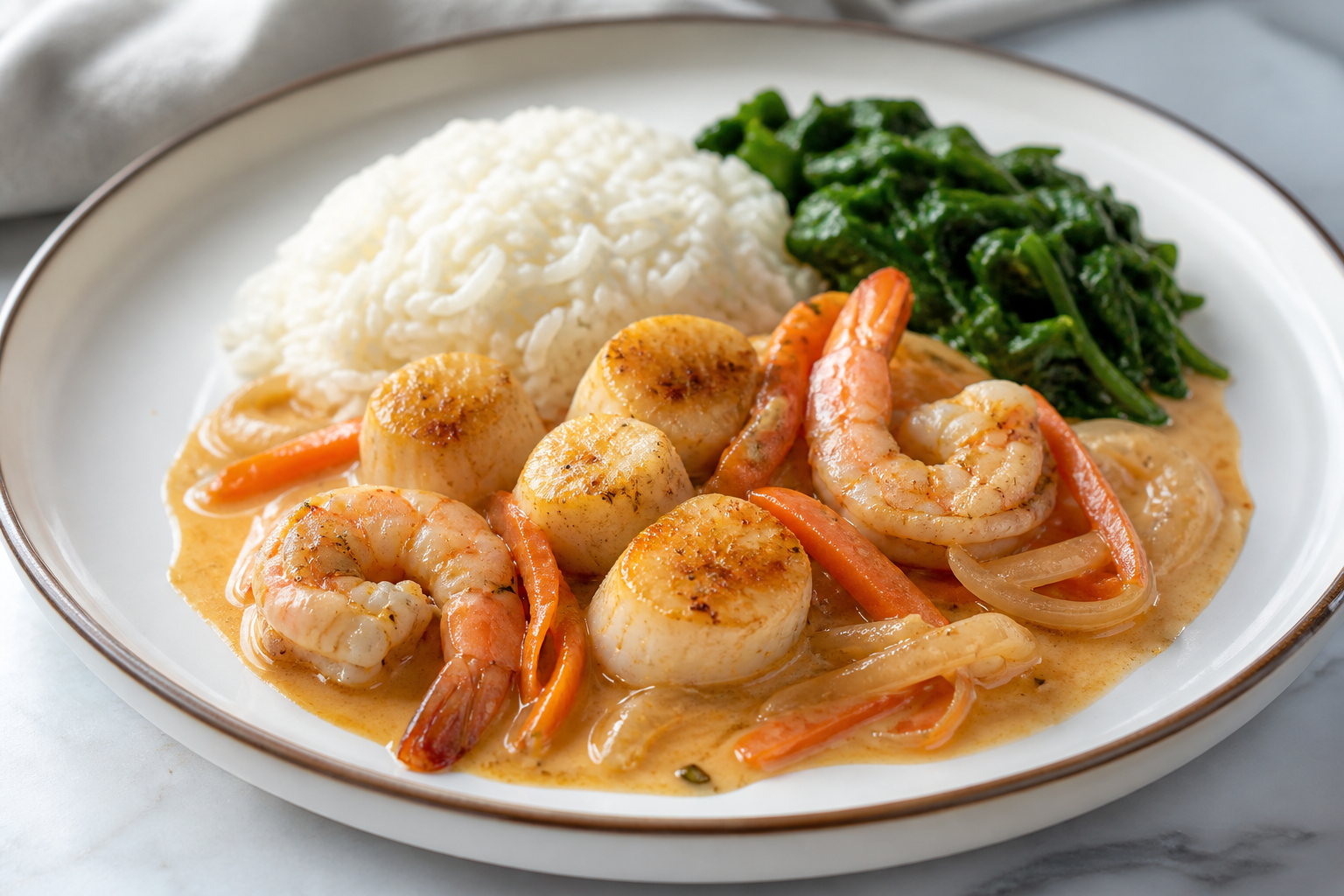 Cazuela de camarones y vieiras con crema de zanahoria al jengibre, arroz de coco y espinacas salteadas