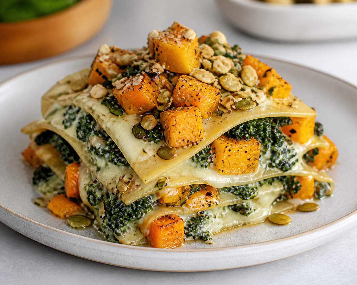 Open-Face Roasted Butternut Squash Lasagna with Creamy Kale, Nutmeg and Seed Crunch
