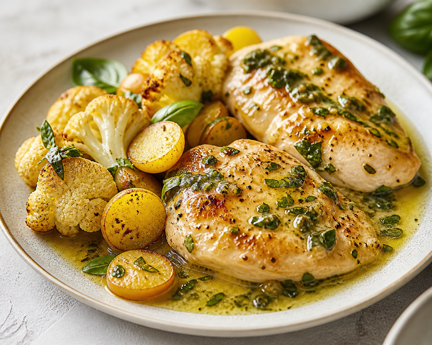 Keto Chicken Skillet with Olive Butter Lemon Basil Sauce, Roasted Cauliflower, and Golden Radishes