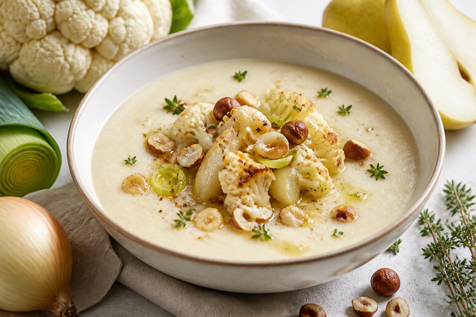 Sopa cremosa de coliflor asada, pera y puerro con avellanas tostadas y tomillo