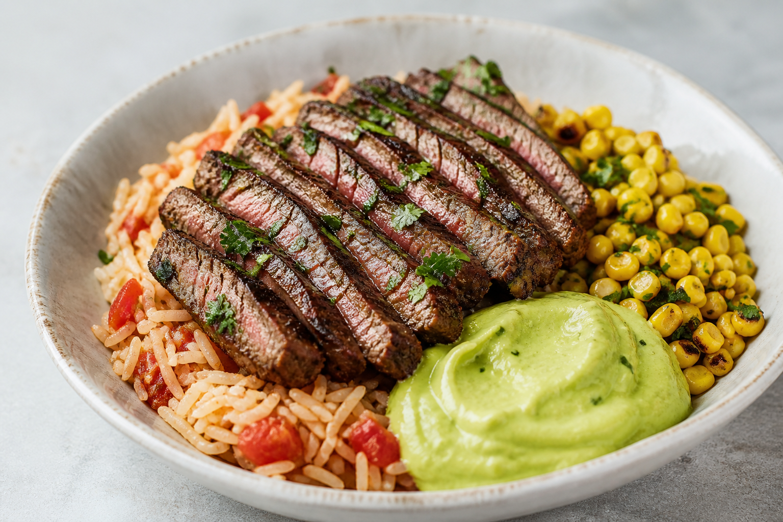 Seared Cilantro Beef Bowl with Tomato Rice, Sautéed Corn, and Avocado Lime Cream
