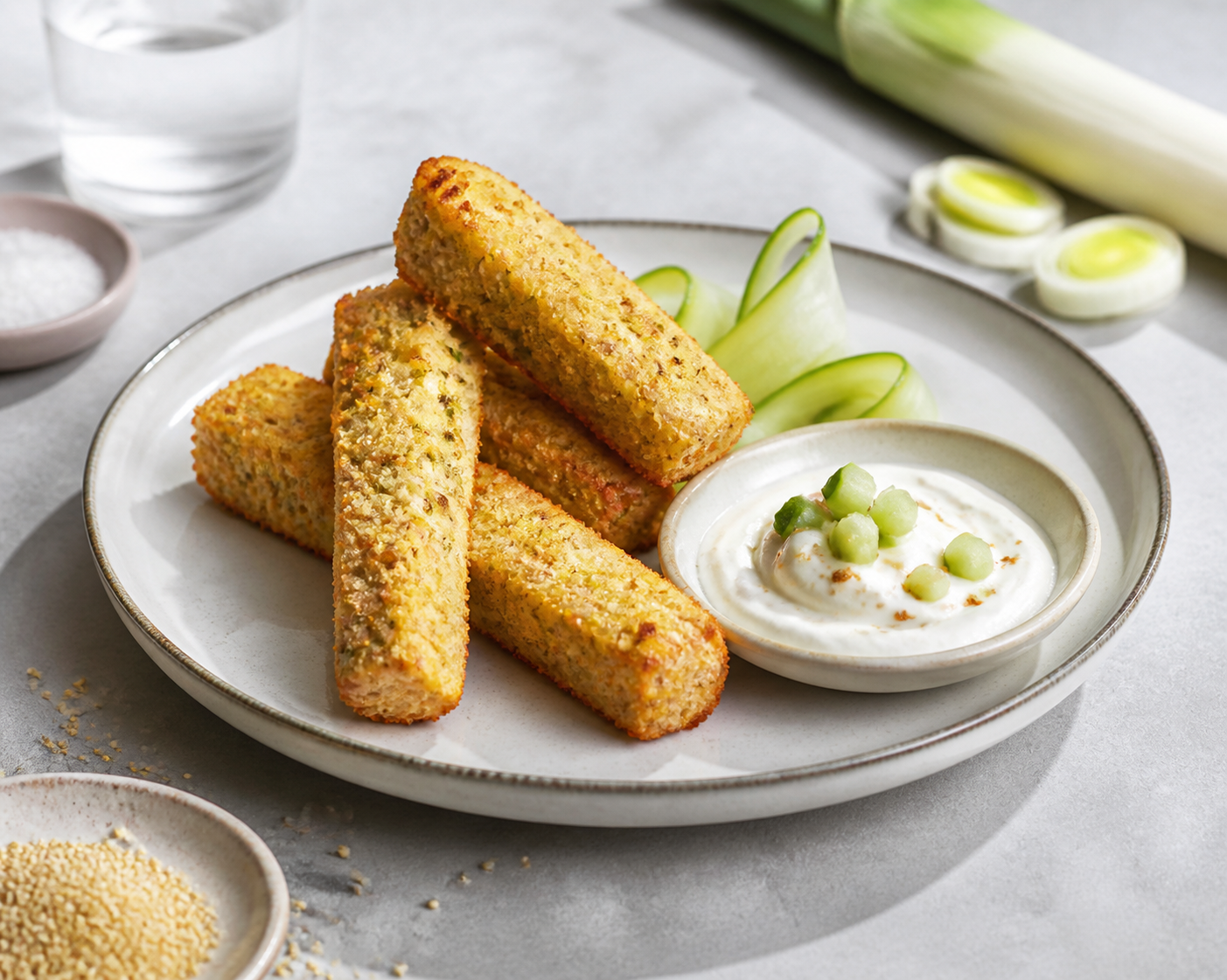 Bastoncillos crujientes de mijo, puerro y asiago con dip de yogur, pepino y limón tostado